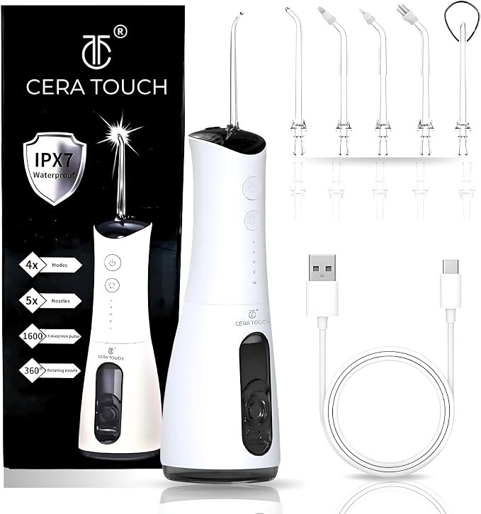 Cera Touch Portable Water Flosser IPX7 Waterproof, 4 Modes, 5 Nozzles, 360° Rotating Tips & USB Charging